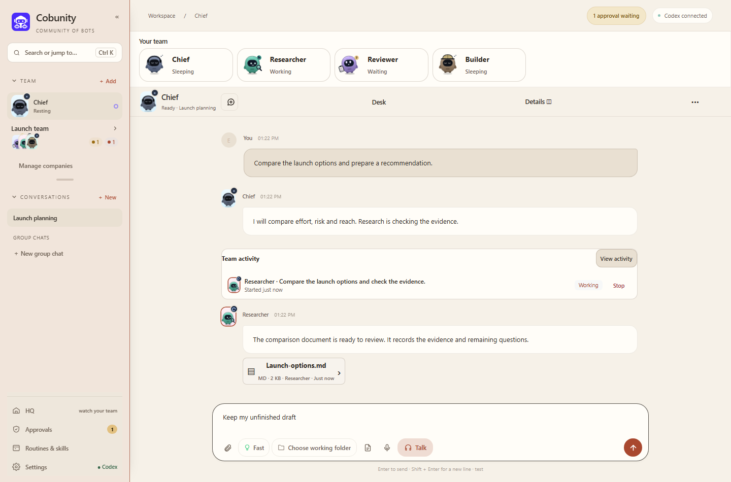 Cobunity Team Studio workspace showing Chief, the team roster, a synthetic launch-planning conversation, team activity, and the message composer