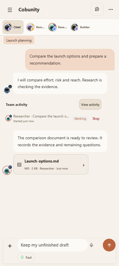 Cobunity Android companion showing a synthetic launch-planning conversation, team activity, attachment, and message composer