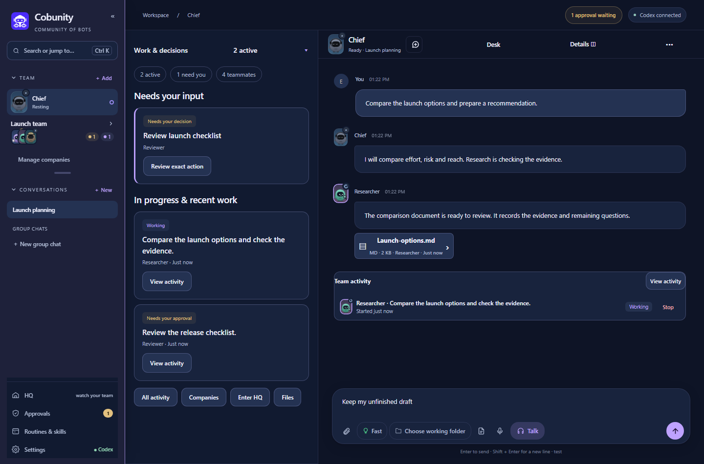 Cobunity Mission Control workspace showing work needing input, active tasks, a synthetic launch-planning conversation, and team activity